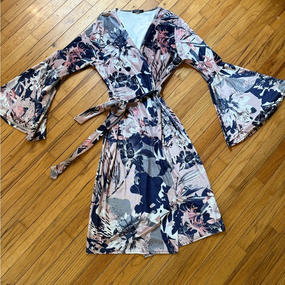 Nasty Gal Navy Flor Velvet Wrap Dress or Robe